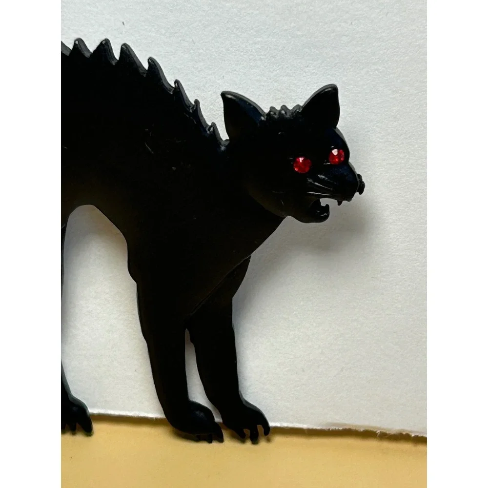 Vintage Black Cat Brooch Red Rhinestone Eyes Halloween Pin JJ Jonette Jewelry
